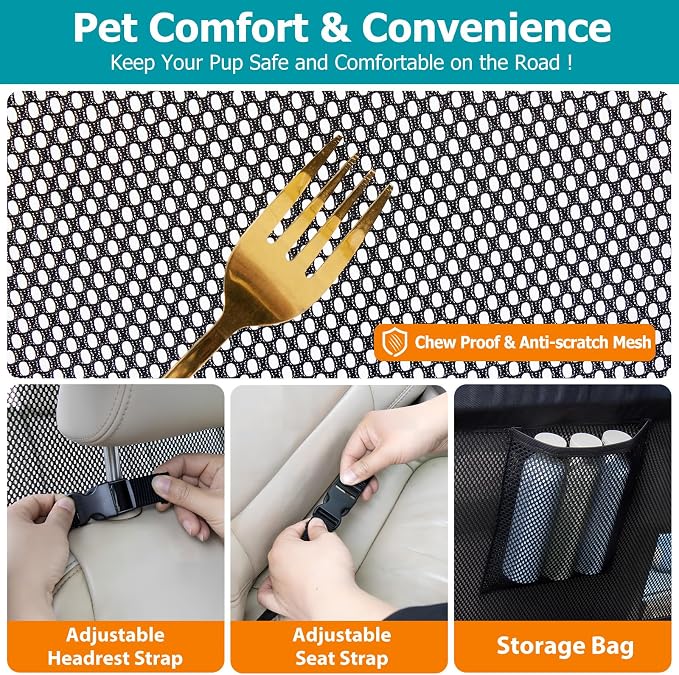 Dog Barrier for Car Back Seat & Cargo Area with Wider Coverage, Universal Fit for Cars, SUVs & Sedans, Dog Car Gate Divider with Chew-Proof Transparent Net and Sturdy Metal Frame for Backseat & Trunk