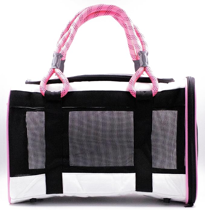 Buddy's Best Airline Approved Pet Carrier – White & Pink Heavy Duty, Fits Under Seat, TSA Compliant, Ventilated Mesh Design w/Waterproof Base & Reflective Safety Strips