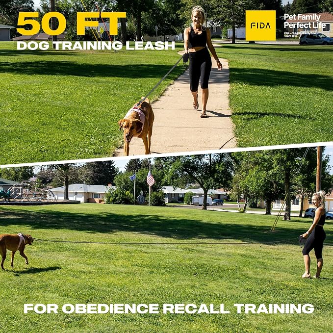 Fida Obedience Recall Training Agility Lead, 50FT Long Dog Leash, Black | 33FT & 50FT, Traffic Handle, Soft Padded, Reflective for Night Safety, Durable Nylon Dog leash for Small Medium Large Breeds