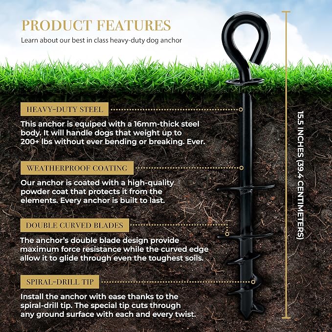 ROYAL-PAW Dog Tie Out Stake - for Large Dogs up to 210 lbs - Heavy Duty Dog Stake for Yard, Beach & Camping Outside - Best in Ground Anchor for a Dog Cable, Leash, Lead Tether (1, Midnight Black)