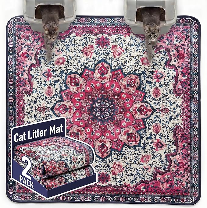 Hompet Cat Litter Mat 2 Pack, 72x72 Large Machine Washable Trapping Mats for Cats, Super Absorbent & Urine-Proof Cat Litter Box Mat for Floor, Waterproof & Non Slip Kitty Litter Rug
