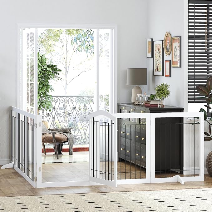 PAWLAND 144-inch Extra Wide 30-inches Tall Dog gate with Door Walk Through, Freestanding Wire Pet Gate for The House, Doorway, Stairs, Pet Puppy Safety Fence, Support Feet Included, White,6 Panels