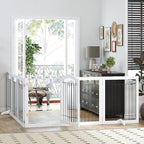 PAWLAND 144-inch Extra Wide 30-inches Tall Dog gate with Door Walk Through, Freestanding Wire Pet Gate for The House, Doorway, Stairs, Pet Puppy Safety Fence, Support Feet Included, White,6 Panels