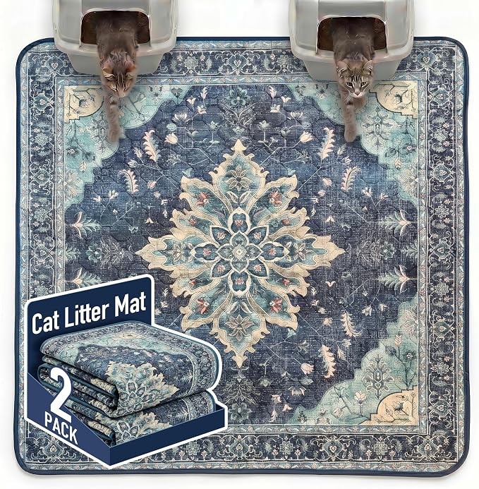 Hompet Cat Litter Mat 2 Pack, 72x72 Large Machine Washable Trapping Mats for Cats, Super Absorbent & Urine-Proof Cat Litter Box Mat for Floor, Waterproof & Non Slip Kitty Litter Rug