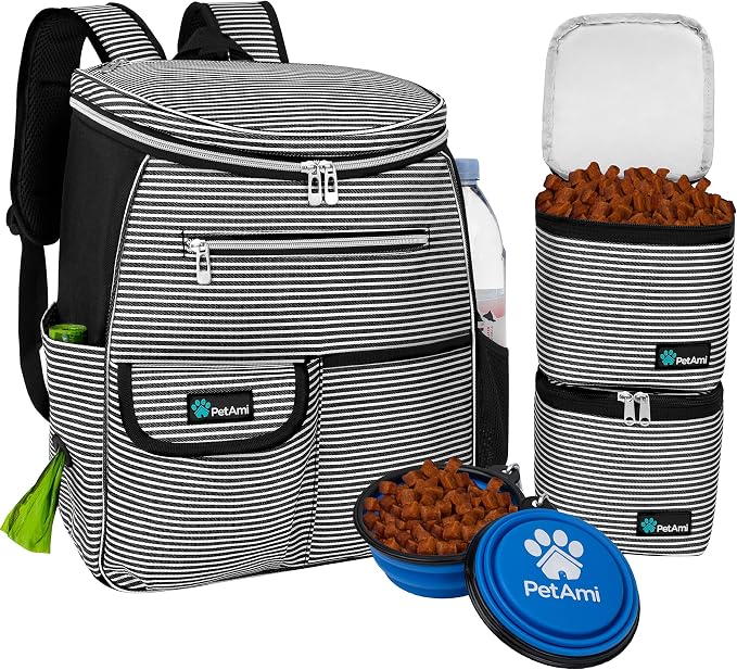 PetAmi Dog Travel Bag Backpack, 27L Airline Approved Pet Supplies Organizer with 2 Food Containers, 2 Collapsible Bowls & Poop Bag Dispenser, Weekend Road Trip Camping Dog Mom Gift, Stripe Black