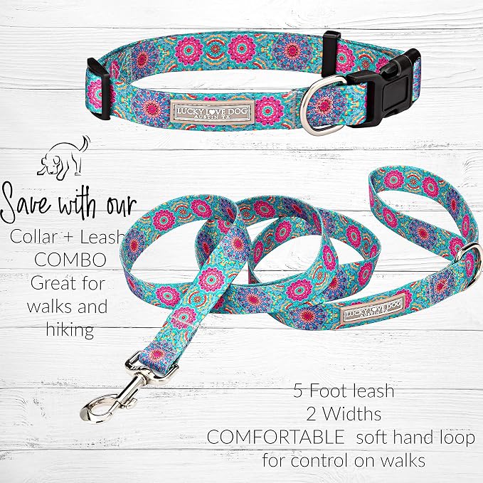 Lucky Love Dog, Boho Chic Matching Dog Collar and Leash Set, Vivid Pink and Turquoise Collar and Leash for Dogs, Soft, Adjustable, Safe for Training and Walking - (Medium, Clara Combo)