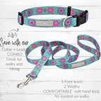 Lucky Love Dog, Boho Chic Matching Dog Collar and Leash Set, Vivid Pink and Turquoise Collar and Leash for Dogs, Soft, Adjustable, Safe for Training and Walking - (Medium, Clara Combo)