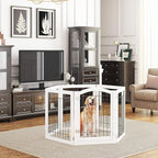 PAWLAND 144-inch Extra Wide 30-inches Tall Dog gate with Door Walk Through, Freestanding Wire Pet Gate for The House, Doorway, Stairs, Pet Puppy Safety Fence, Support Feet Included, White,6 Panels