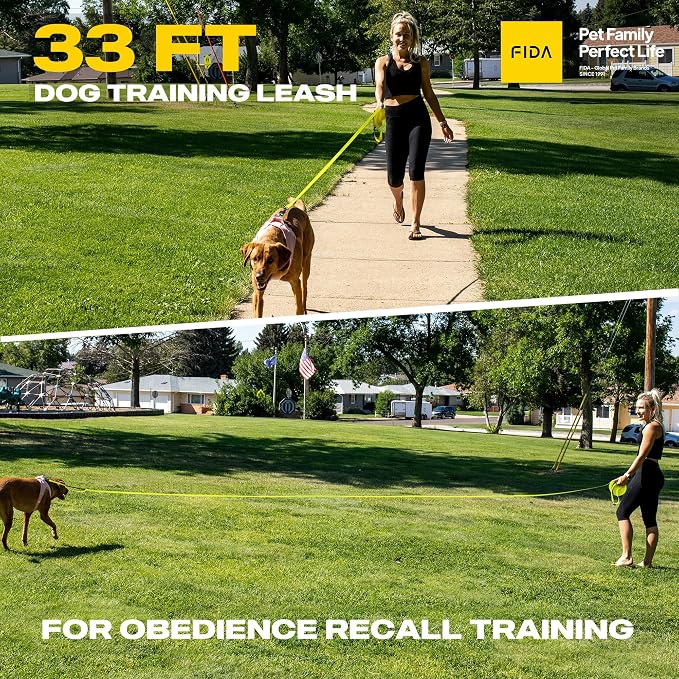 Fida Obedience Recall Training Agility Lead, 30FT Long Dog Leash, Yellow | 33FT & 50FT, Traffic Handle, Soft Padded, Reflective for Night Safety, Durable Nylon Dog leash for Small Medium Large Breeds