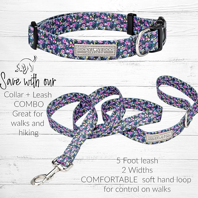 Lucky Love Dog, Matching Dog Collar & Leash Set for Female Dogs, Soft, Adjustable, Safe for Training and Walking, Black & Purple Floral Print, Primrose Combo, X-Small