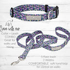 Lucky Love Dog, Matching Dog Collar & Leash Set for Female Dogs, Soft, Adjustable, Safe for Training and Walking, Black & Purple Floral Print, Primrose Combo, Large